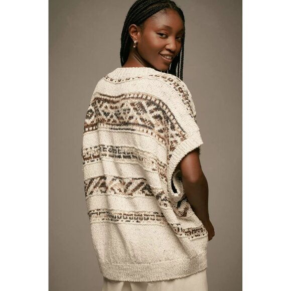 Anthropologie Bohemian Knit Cardigan Sweater L Button Front Short Sleeve Beige - Picture 6 of 9